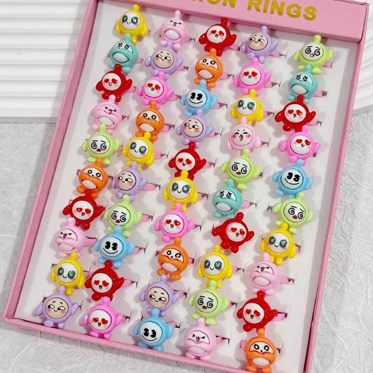 50 boxed cartoon nostalgic style rings frosted texture plastic rings kindergarten children's ring gift box