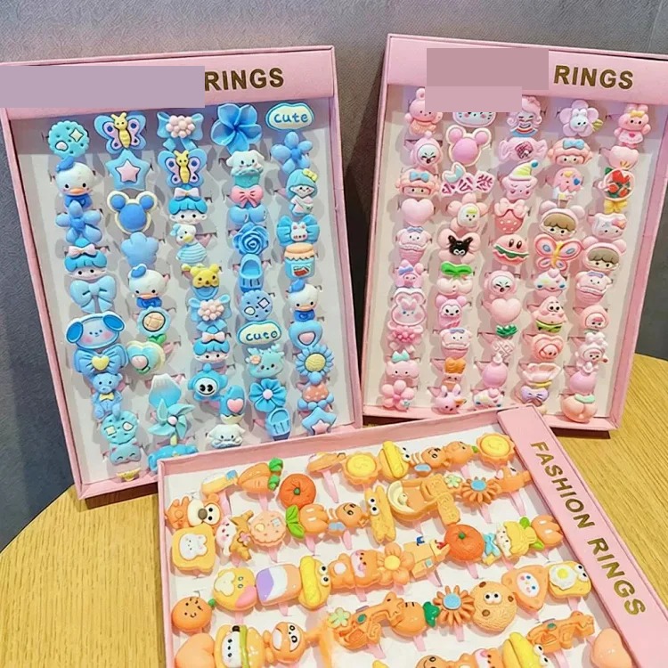 50 boxed cartoon nostalgic style rings frosted texture plastic rings kindergarten children's ring gift box