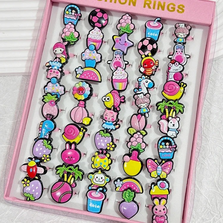 50 boxed cartoon nostalgic style rings frosted texture plastic rings kindergarten children's ring gift box