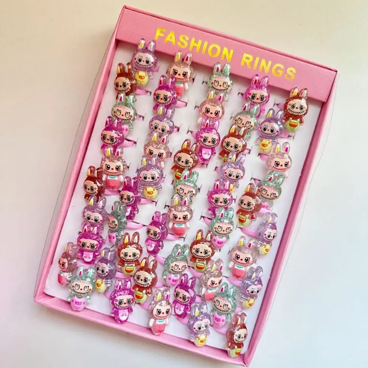 50 boxed cartoon nostalgic style rings frosted texture plastic rings kindergarten children's ring gift box