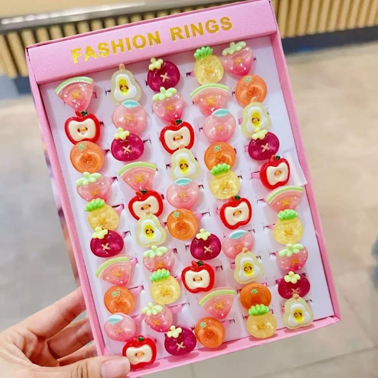 50 boxed cartoon nostalgic style rings frosted texture plastic rings kindergarten children's ring gift box
