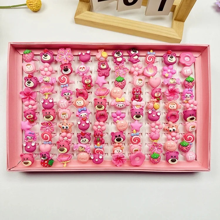 50 boxed cartoon nostalgic style rings frosted texture plastic rings kindergarten children's ring gift box