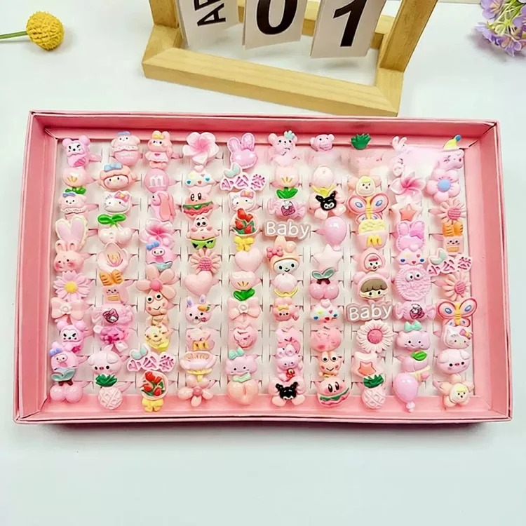 50 boxed cartoon nostalgic style rings frosted texture plastic rings kindergarten children's ring gift box
