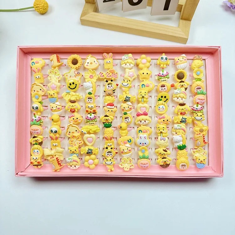 50 boxed cartoon nostalgic style rings frosted texture plastic rings kindergarten children's ring gift box