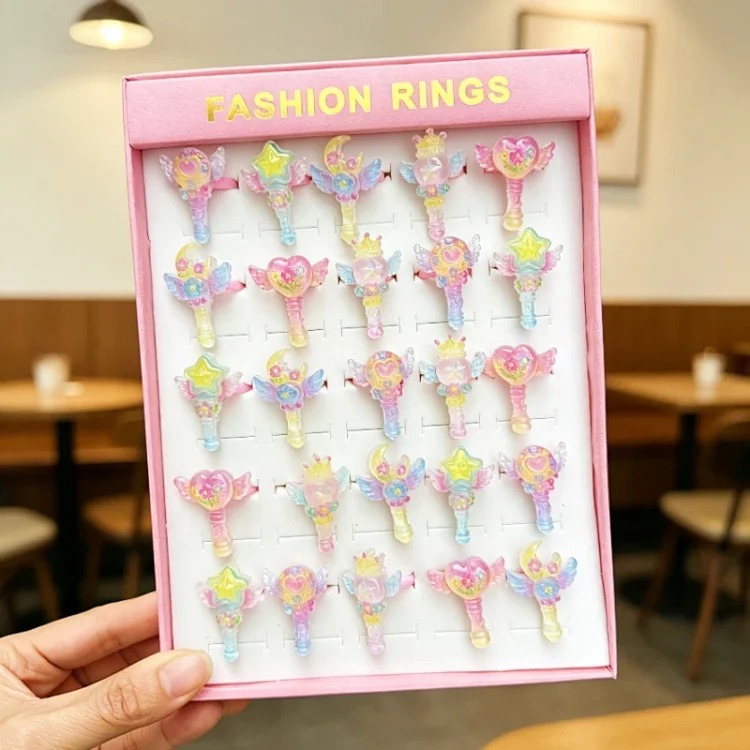 50 boxed cartoon nostalgic style rings frosted texture plastic rings kindergarten children's ring gift box