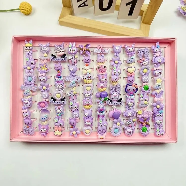 50 boxed cartoon nostalgic style rings frosted texture plastic rings kindergarten children's ring gift box