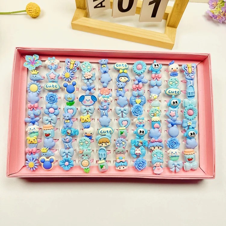 50 boxed cartoon nostalgic style rings frosted texture plastic rings kindergarten children's ring gift box