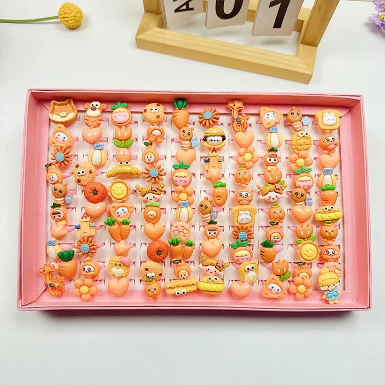 50 boxed cartoon nostalgic style rings frosted texture plastic rings kindergarten children's ring gift box