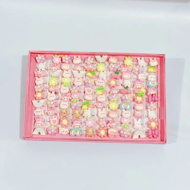 50 boxed cartoon nostalgic style rings frosted texture plastic rings kindergarten children's ring gift box