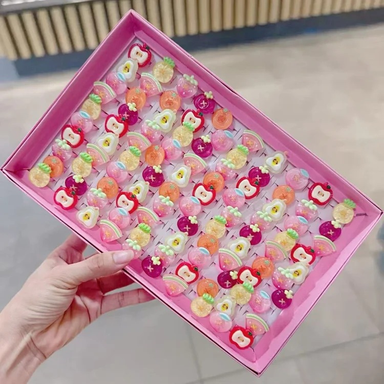 50 boxed cartoon nostalgic style rings frosted texture plastic rings kindergarten children's ring gift box