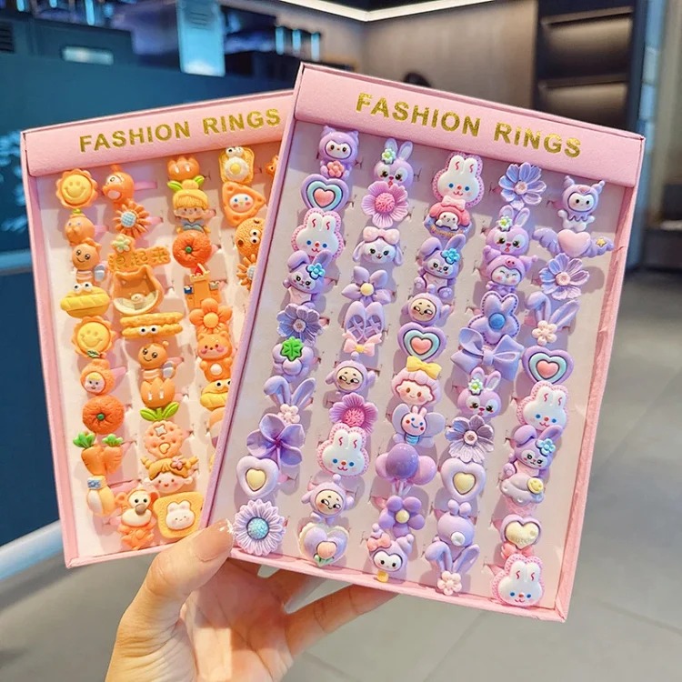 50 boxed cartoon nostalgic style rings frosted texture plastic rings kindergarten children's ring gift box