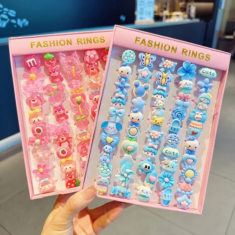 50 boxed cartoon nostalgic style rings frosted texture plastic rings kindergarten children's ring gift box