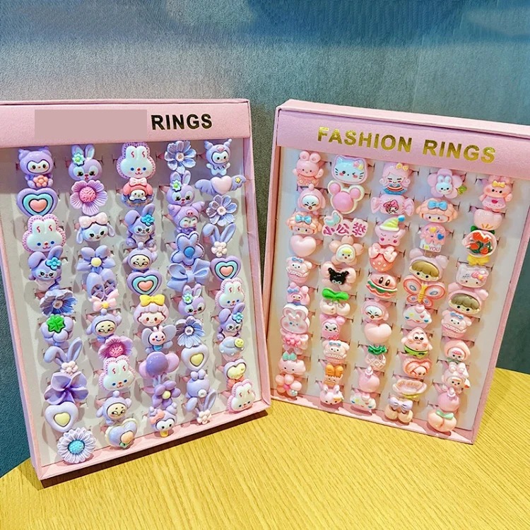 50 boxed cartoon nostalgic style rings frosted texture plastic rings kindergarten children's ring gift box