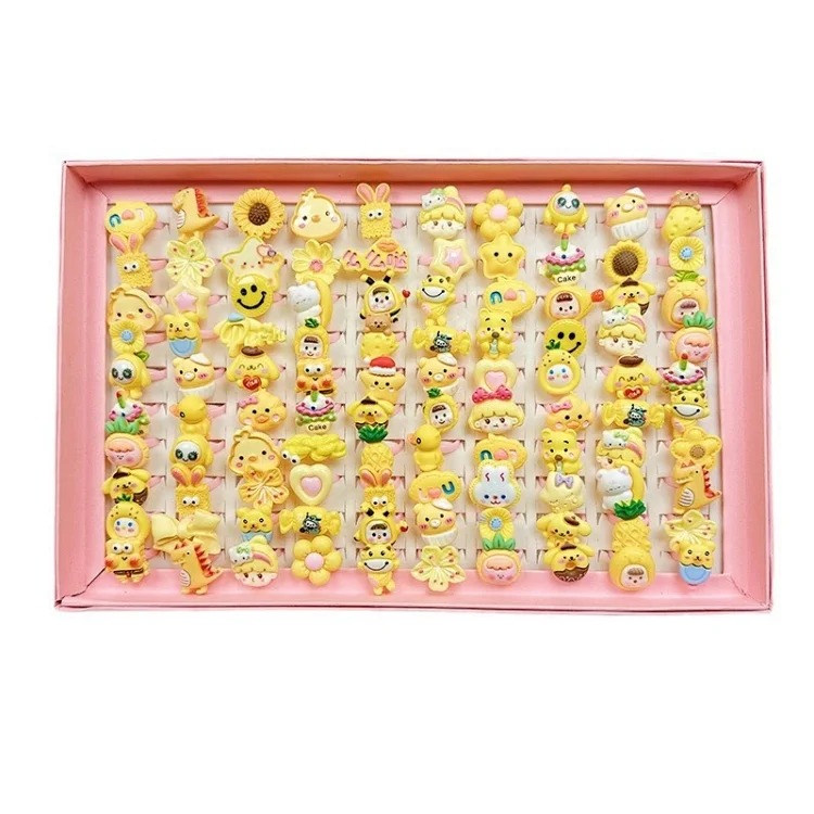 50 boxed cartoon nostalgic style rings frosted texture plastic rings kindergarten children's ring gift box