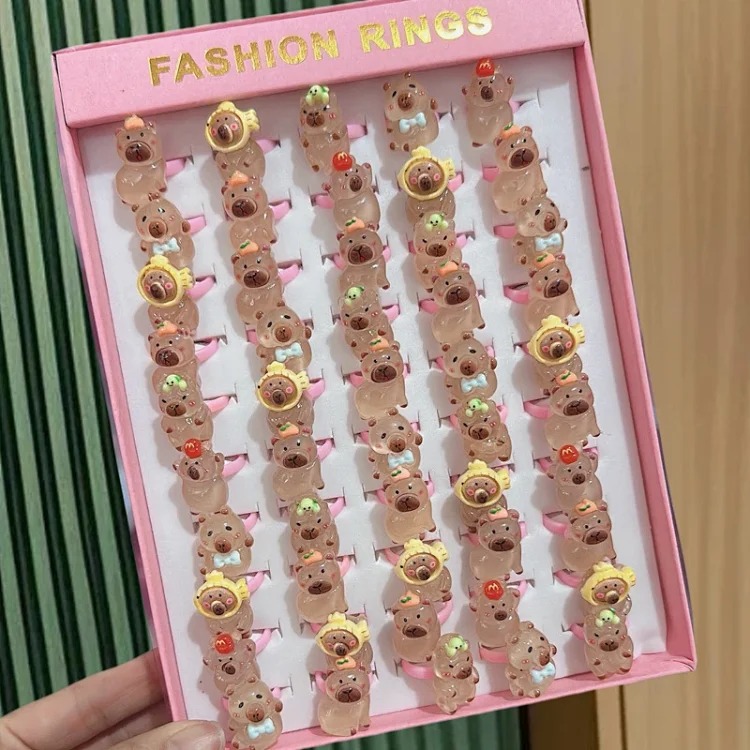 50 boxed cartoon nostalgic style rings frosted texture plastic rings kindergarten children's ring gift box
