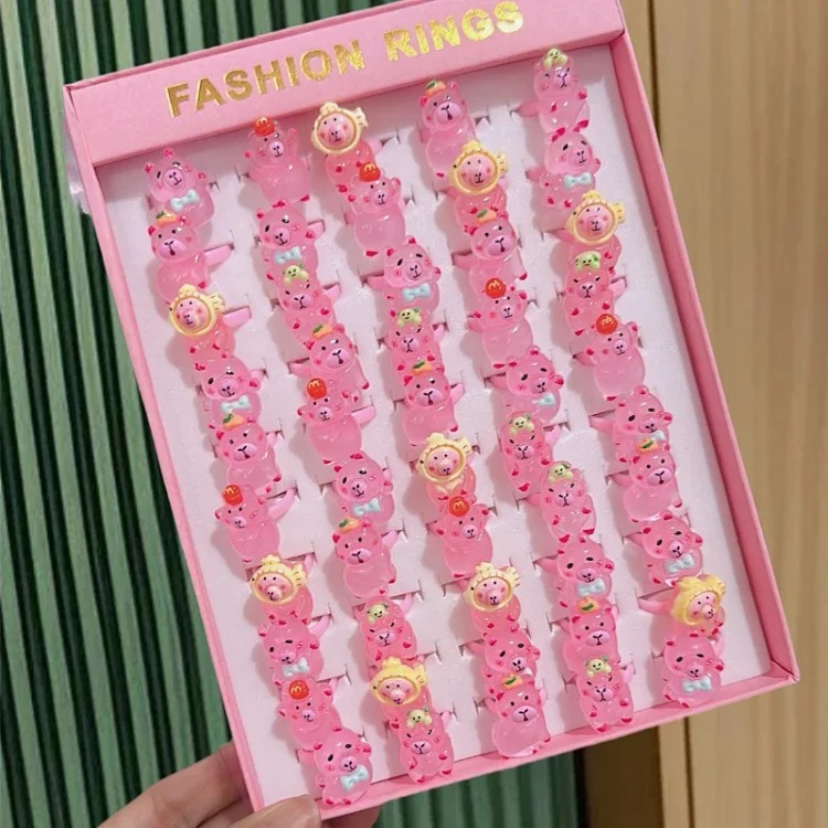 50 boxed cartoon nostalgic style rings frosted texture plastic rings kindergarten children's ring gift box