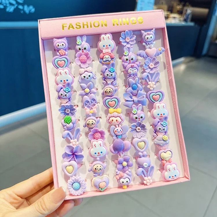 50 boxed cartoon nostalgic style rings frosted texture plastic rings kindergarten children's ring gift box