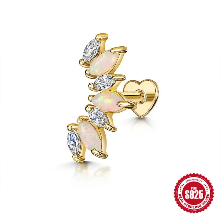 S925 sterling silver marquise diamond love flat head threaded cartilage piercing bone nail European and American cross-border best-selling ear jewelry