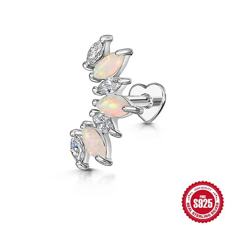 S925 sterling silver marquise diamond love flat head threaded cartilage piercing bone nail European and American cross-border best-selling ear jewelry