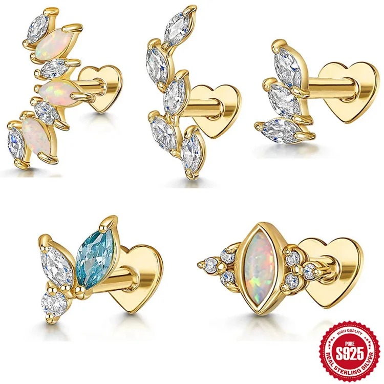 S925 sterling silver marquise diamond love flat head threaded cartilage piercing bone nail European and American cross-border best-selling ear jewelry