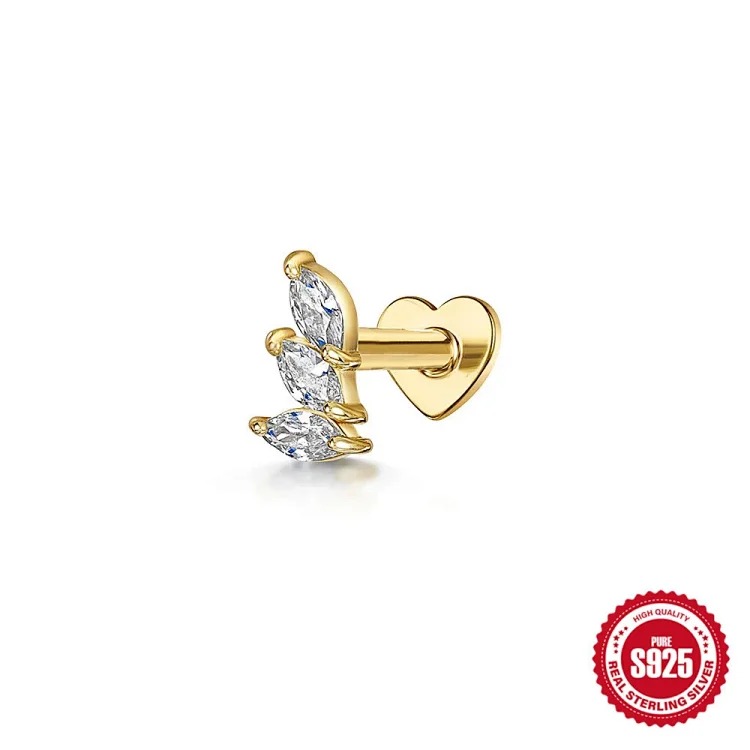 S925 sterling silver marquise diamond love flat head threaded cartilage piercing bone nail European and American cross-border best-selling ear jewelry