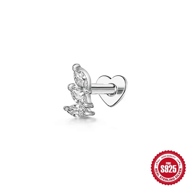 S925 sterling silver marquise diamond love flat head threaded cartilage piercing bone nail European and American cross-border best-selling ear jewelry