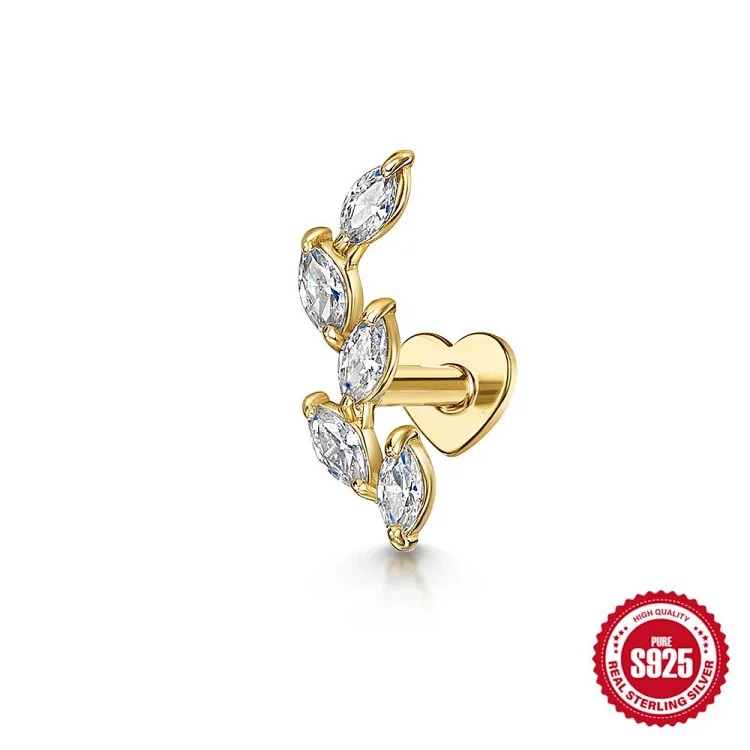 S925 sterling silver marquise diamond love flat head threaded cartilage piercing bone nail European and American cross-border best-selling ear jewelry