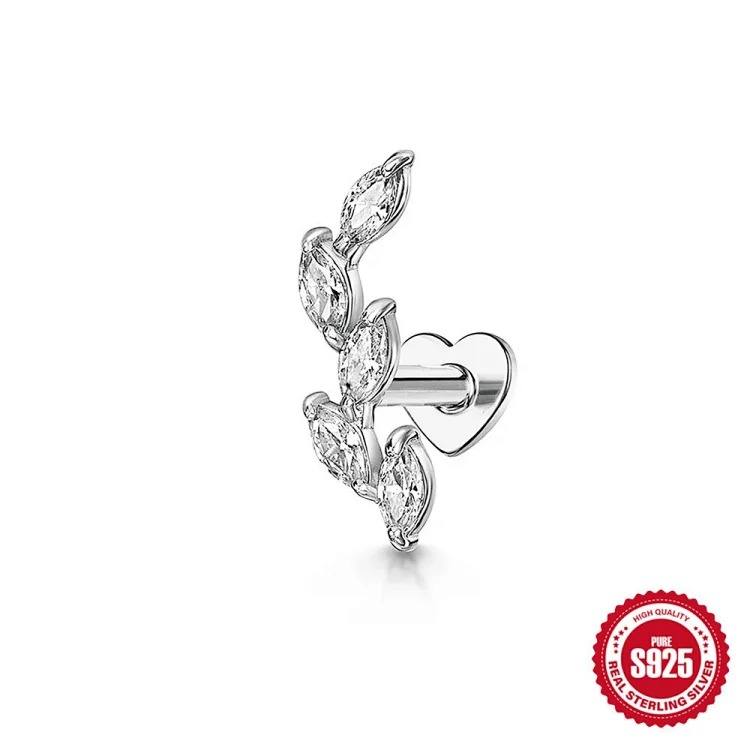 S925 sterling silver marquise diamond love flat head threaded cartilage piercing bone nail European and American cross-border best-selling ear jewelry