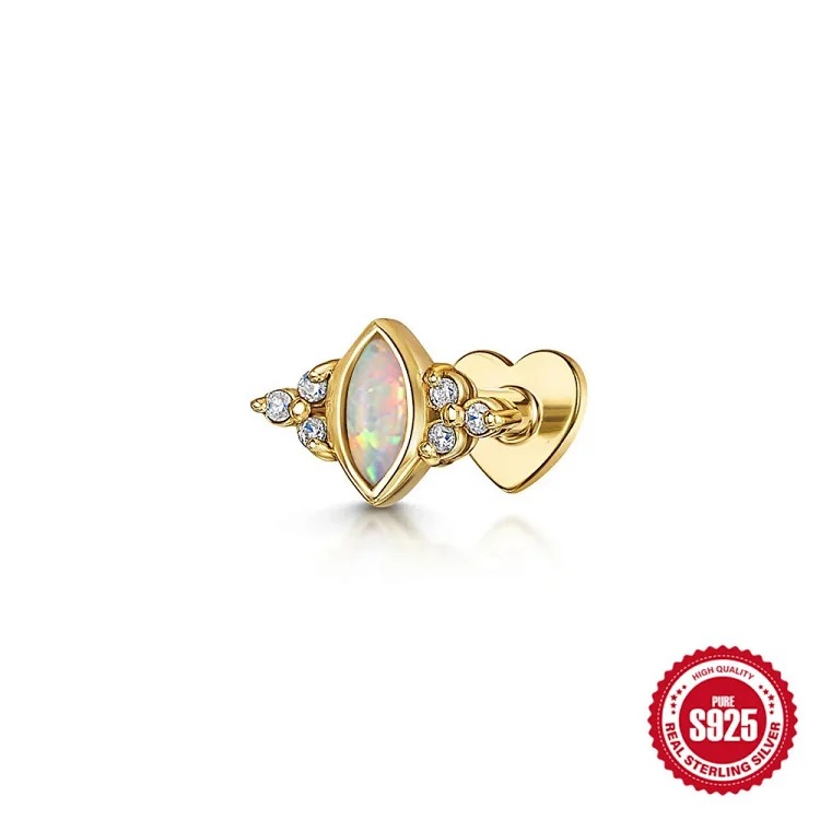 S925 sterling silver marquise diamond love flat head threaded cartilage piercing bone nail European and American cross-border best-selling ear jewelry
