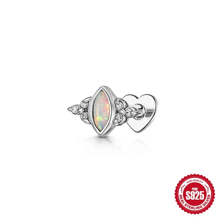 S925 sterling silver marquise diamond love flat head threaded cartilage piercing bone nail European and American cross-border best-selling ear jewelry