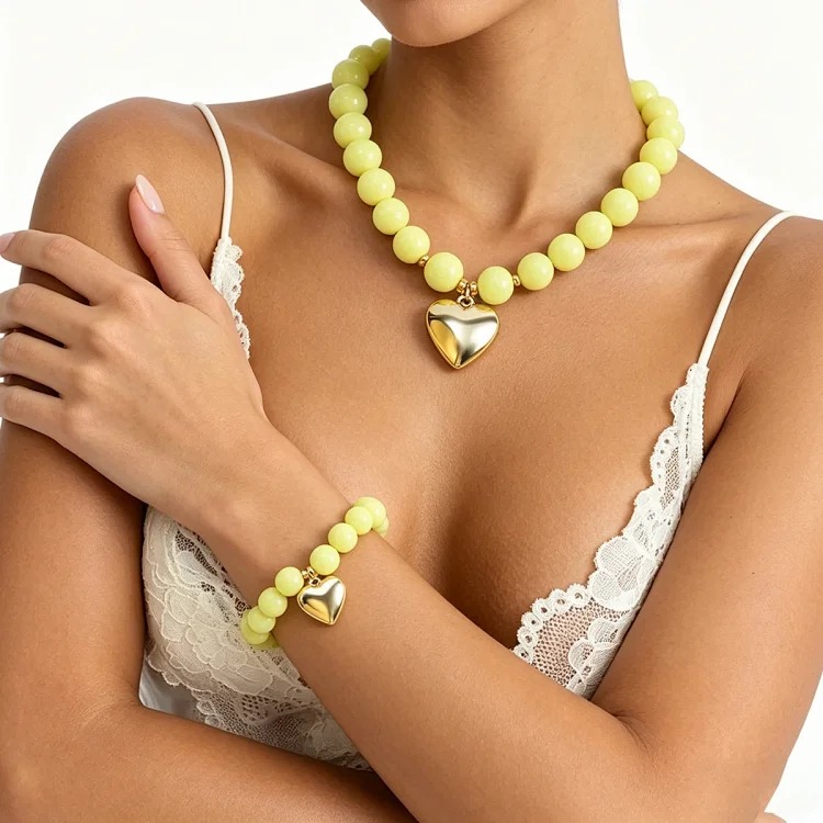 B3767 cross-border dopamine color beaded love bracelet foreign trade fashion pearl heart-shaped pendant necklace jewelry
