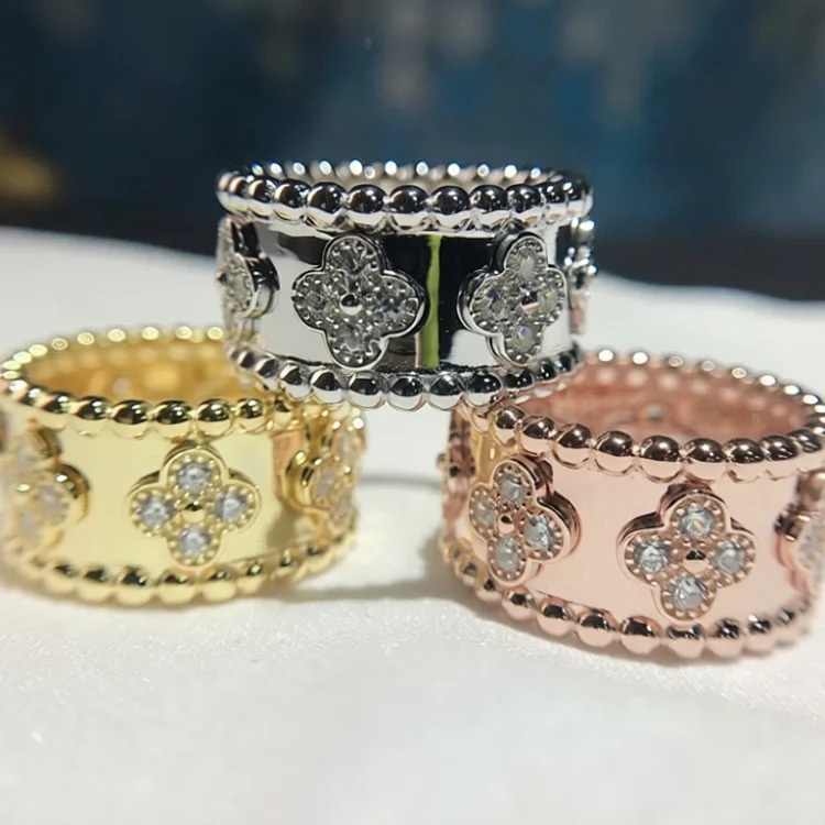 Classic four-leaf clover kaleidoscope ring, lucky clover signature series, women's 18k gold-plated bead ring, stackable and versatile
