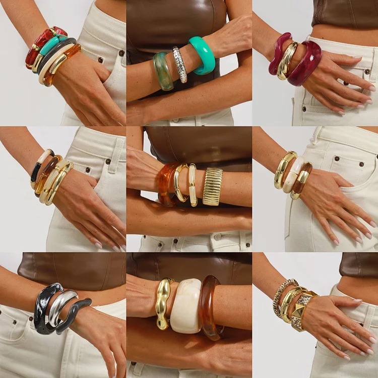 Cross-border personality geometric irregular acrylic alloy wide bracelet retro exaggerated Maillard multi-color versatile bracelet