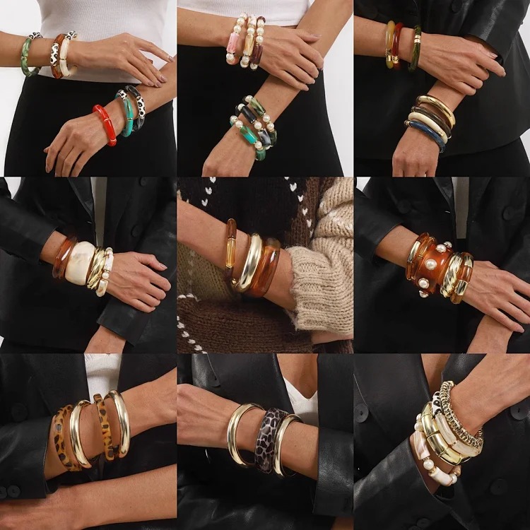 Cross-border personality geometric irregular acrylic alloy wide bracelet retro exaggerated Maillard multi-color versatile bracelet image 42