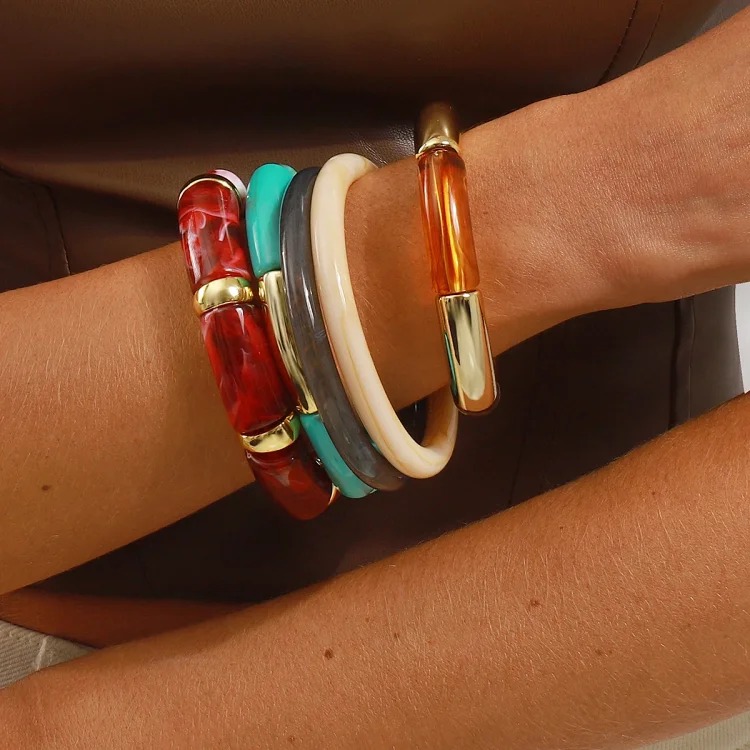 Cross-border personality geometric irregular acrylic alloy wide bracelet retro exaggerated Maillard multi-color versatile bracelet image 43