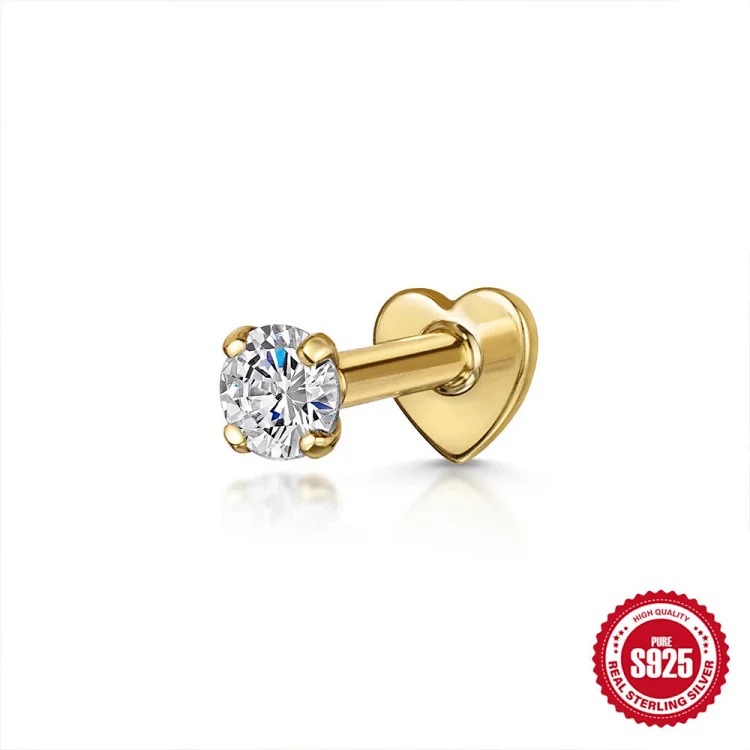 925 sterling silver ins style diamond eight-pointed star love flat head cartilage piercing bone nail European and American new thread earrings