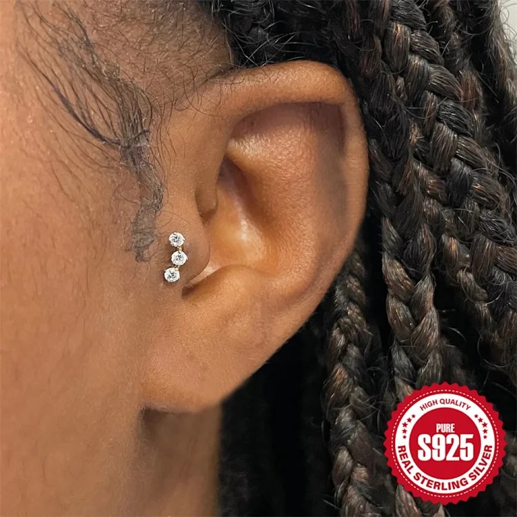 925 sterling silver ins style diamond eight-pointed star love flat head cartilage piercing bone nail European and American new thread earrings