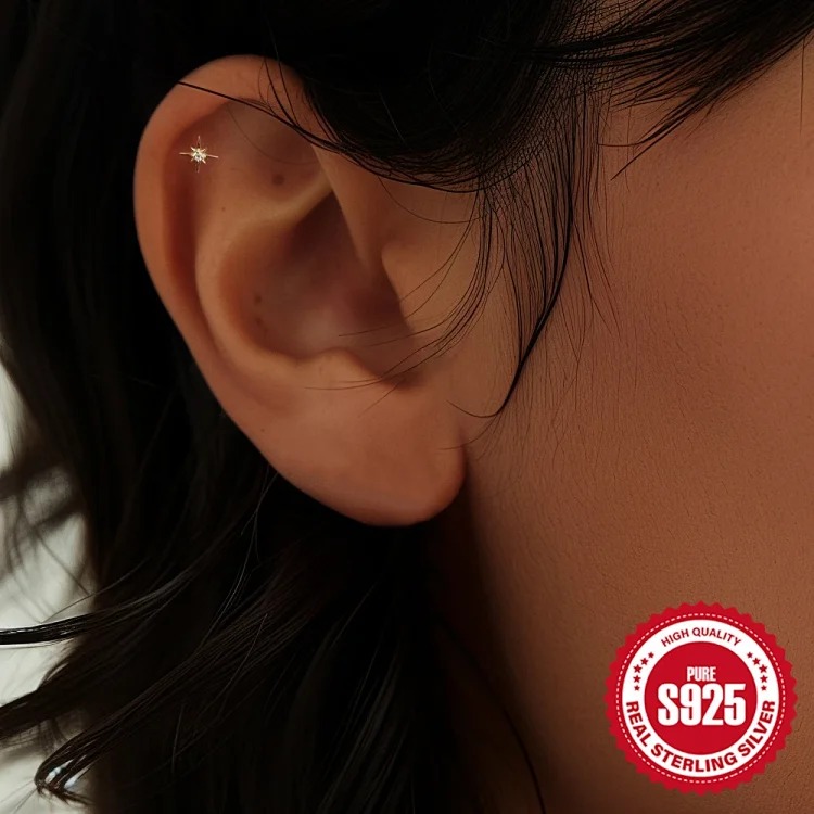 925 sterling silver ins style diamond eight-pointed star love flat head cartilage piercing bone nail European and American new thread earrings