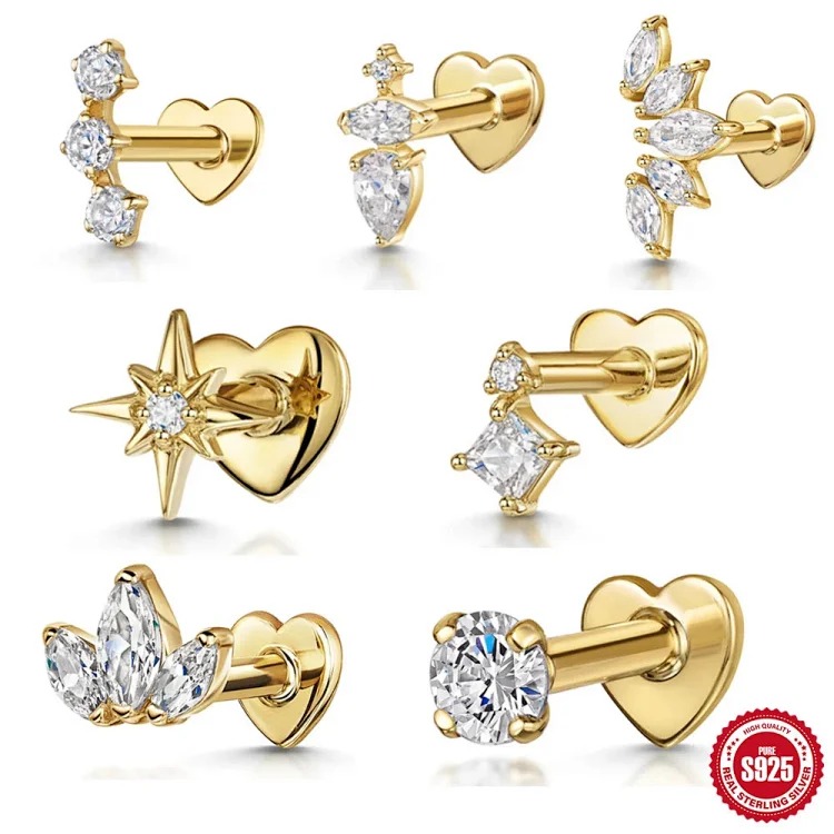 925 sterling silver ins style diamond eight-pointed star love flat head cartilage piercing bone nail European and American new thread earrings