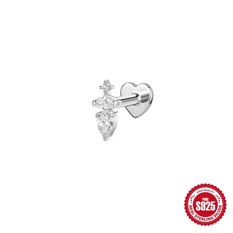 925 sterling silver ins style diamond eight-pointed star love flat head cartilage piercing bone nail European and American new thread earrings