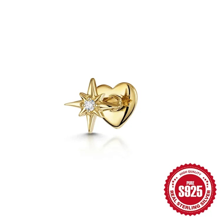 925 sterling silver ins style diamond eight-pointed star love flat head cartilage piercing bone nail European and American new thread earrings