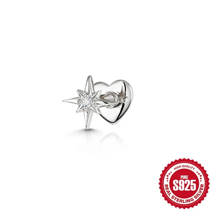 925 sterling silver ins style diamond eight-pointed star love flat head cartilage piercing bone nail European and American new thread earrings