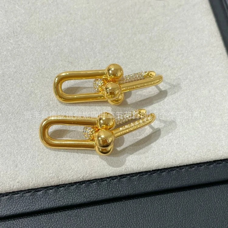 T family double ring glossy horseshoe necklace women's s925 silver high-end double buckle U-shaped double ring half diamond clavicle chain