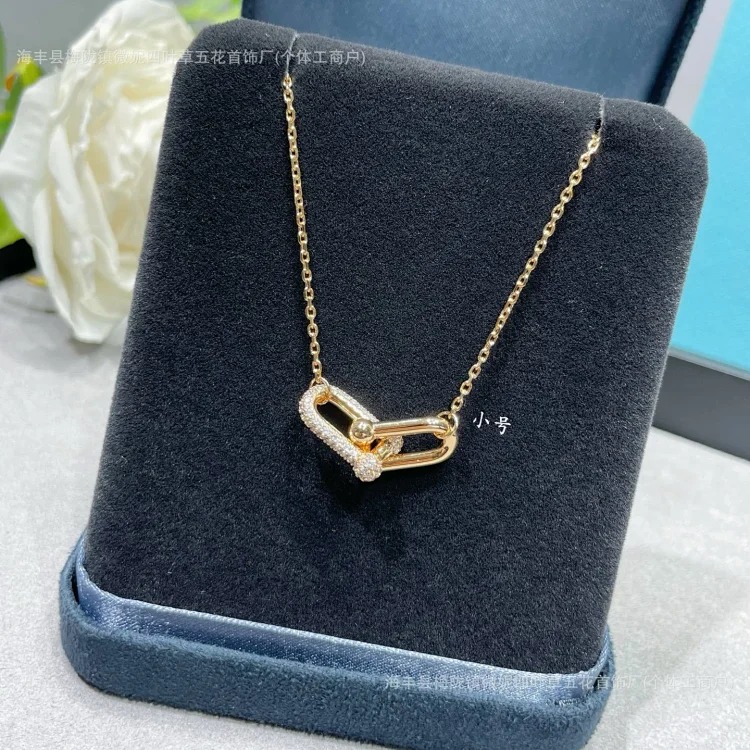 T family double ring glossy horseshoe necklace women's s925 silver high-end double buckle U-shaped double ring half diamond clavicle chain