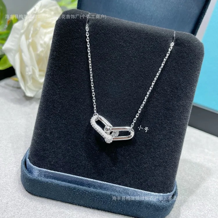 T family double ring glossy horseshoe necklace women's s925 silver high-end double buckle U-shaped double ring half diamond clavicle chain