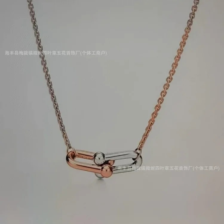 T family double ring glossy horseshoe necklace women's s925 silver high-end double buckle U-shaped double ring half diamond clavicle chain