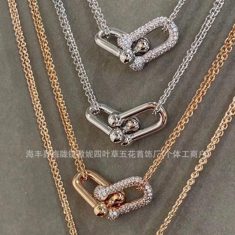 T family double ring glossy horseshoe necklace women's s925 silver high-end double buckle U-shaped double ring half diamond clavicle chain