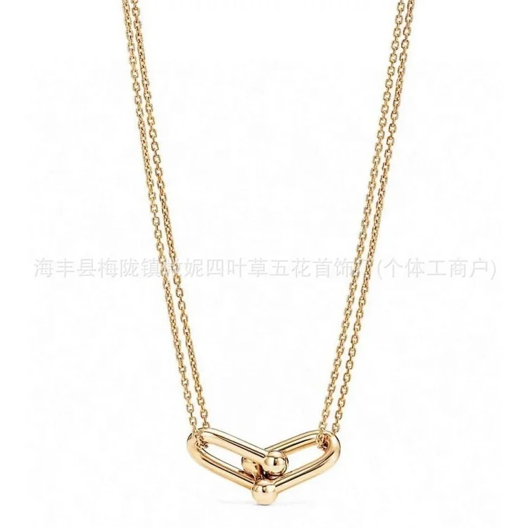 T family double ring glossy horseshoe necklace women's s925 silver high-end double buckle U-shaped double ring half diamond clavicle chain
