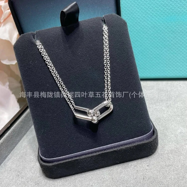 T family double ring glossy horseshoe necklace women's s925 silver high-end double buckle U-shaped double ring half diamond clavicle chain