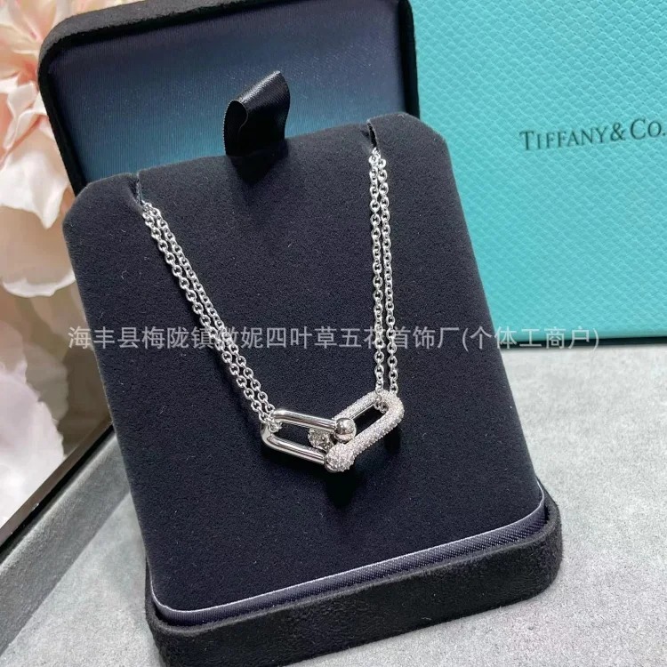 T family double ring glossy horseshoe necklace women's s925 silver high-end double buckle U-shaped double ring half diamond clavicle chain